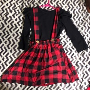 GIRLS BUFFALO RED SUSPENDERS SKIRT OUTFIT